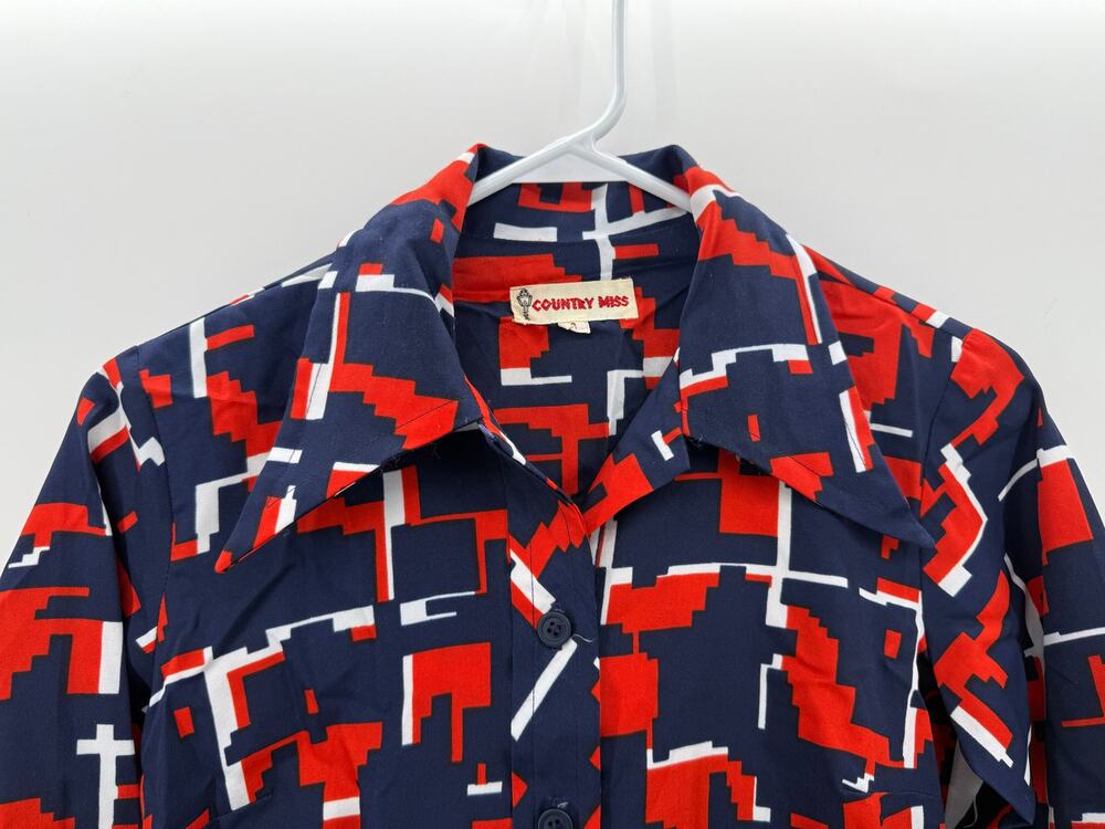 Country Miss Vintage Red & Navy Geometric Print Long-sleeve Shirt Dress size 8